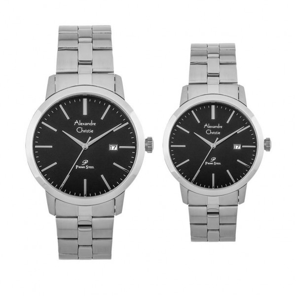 Alexandre Christie AC 1007 Silver Black Chain Couple